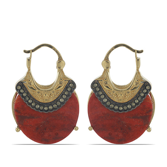 Kolczyki srebrne pozłacane z czerwoną gąbką koralową i markazytem