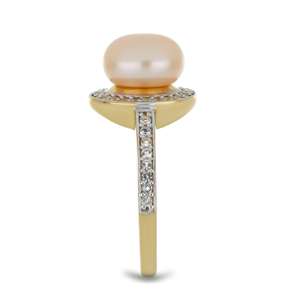 Pierścionek srebrny pozłacany z brzoskwiniową perłą słodkowodną i białym topazem