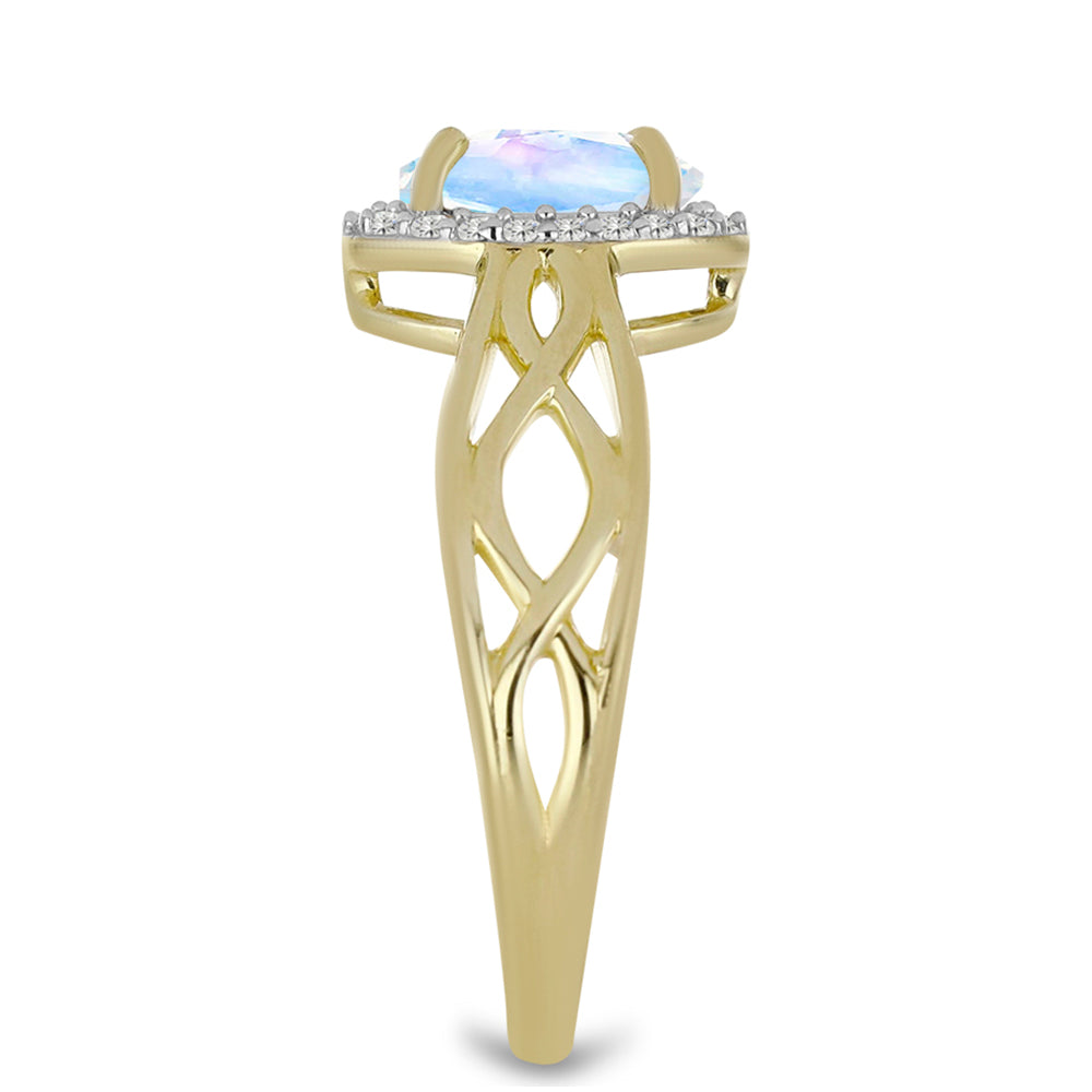 Pierścionek srebrny pozłacany z tęczowym kamieniem księżycowym i białym topazem