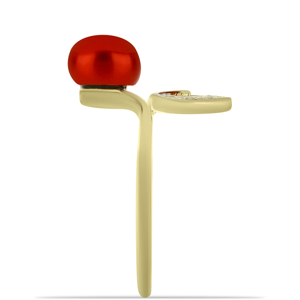 Pierścionek srebrny pozłacany z czerwoną perłą słodkowodną i białym topazem