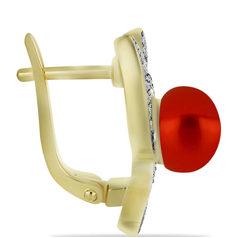 Kolczyki srebrne pozłacane z czerwoną perłą słodkowodną i białym topazem