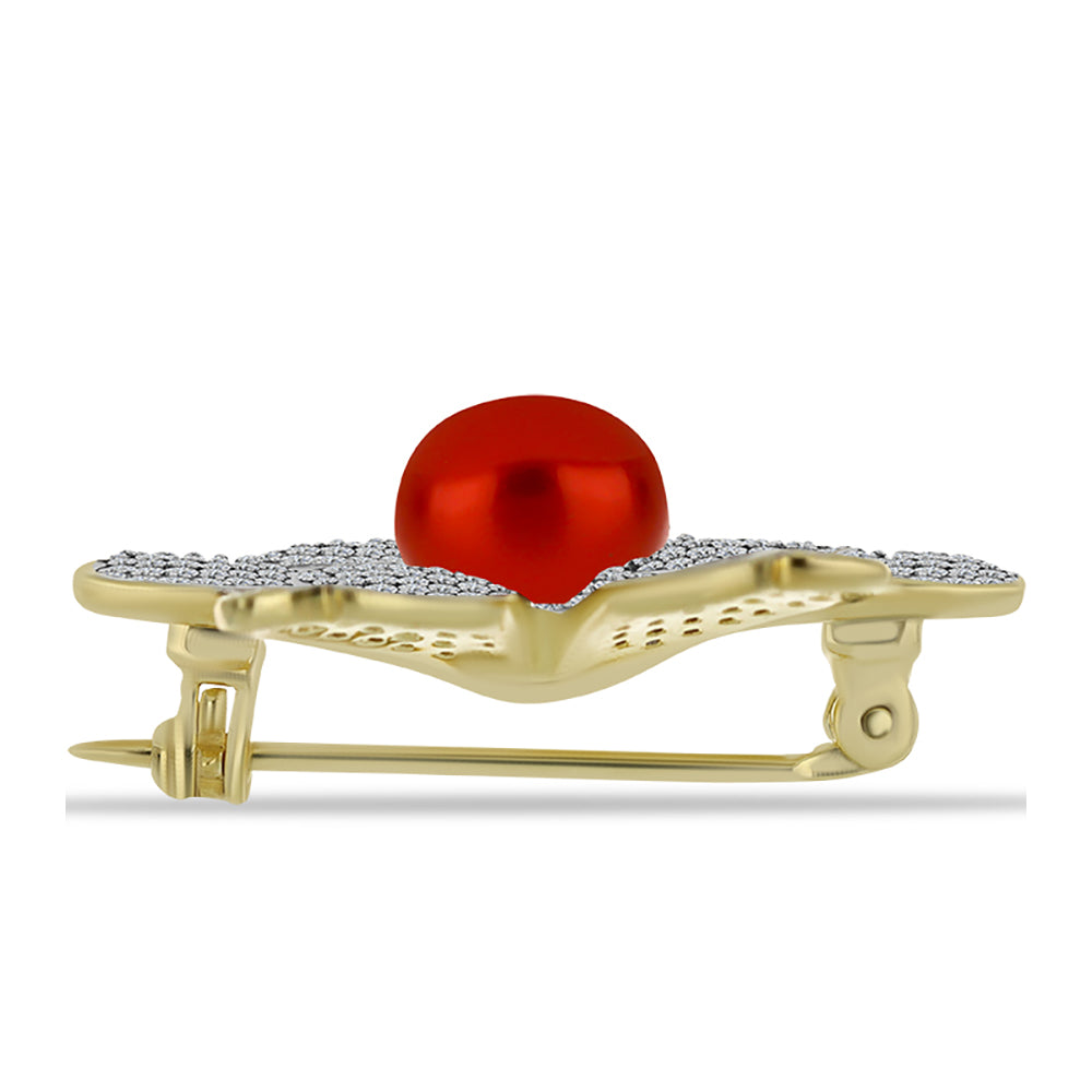 Broszka srebrny pozłacany z czerwoną perłą słodkowodną i białym topazem