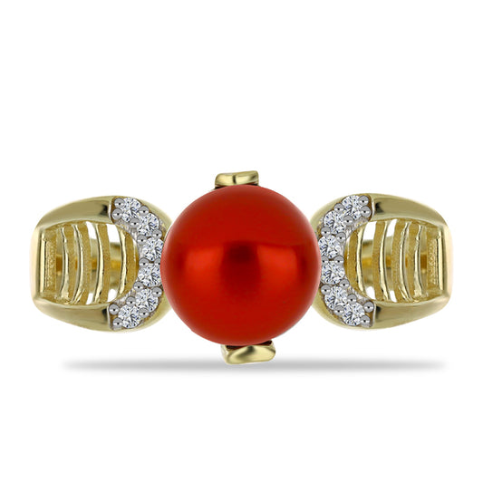 Pierścionek srebrny pozłacany z czerwoną perłą słodkowodną i białym topazem