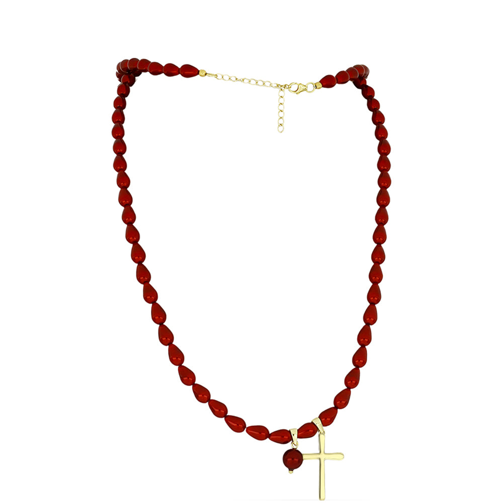 Naszyjnik srebrny pozłacany z czerwoną perłą słodkowodną