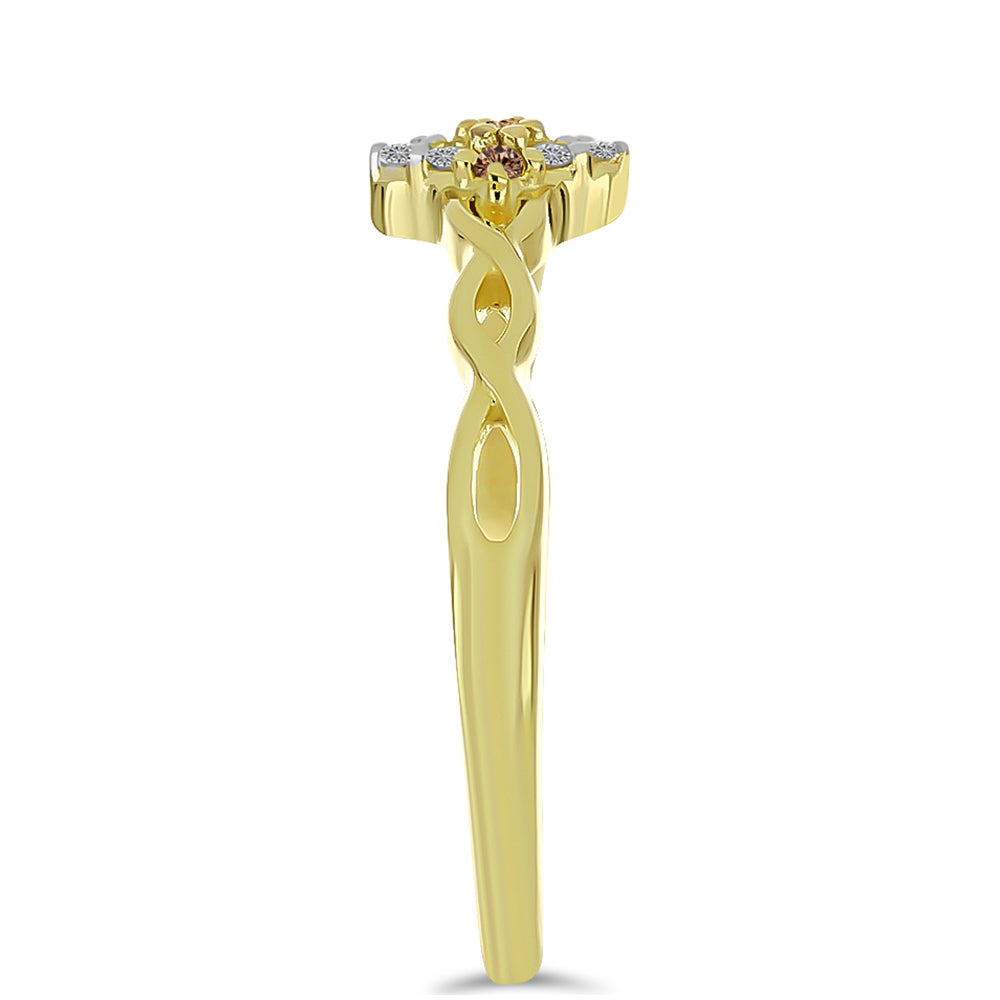 Pierścionek srebrny pozłacany z szampańskim diamentem i białym diamentem