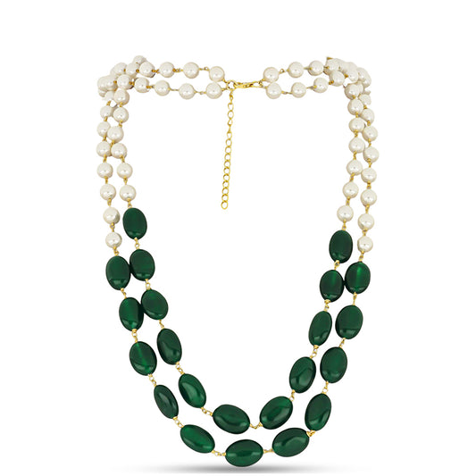 Naszyjnik srebrny pozłacany z zielonym jadeitem i białą perłą słodkowodną