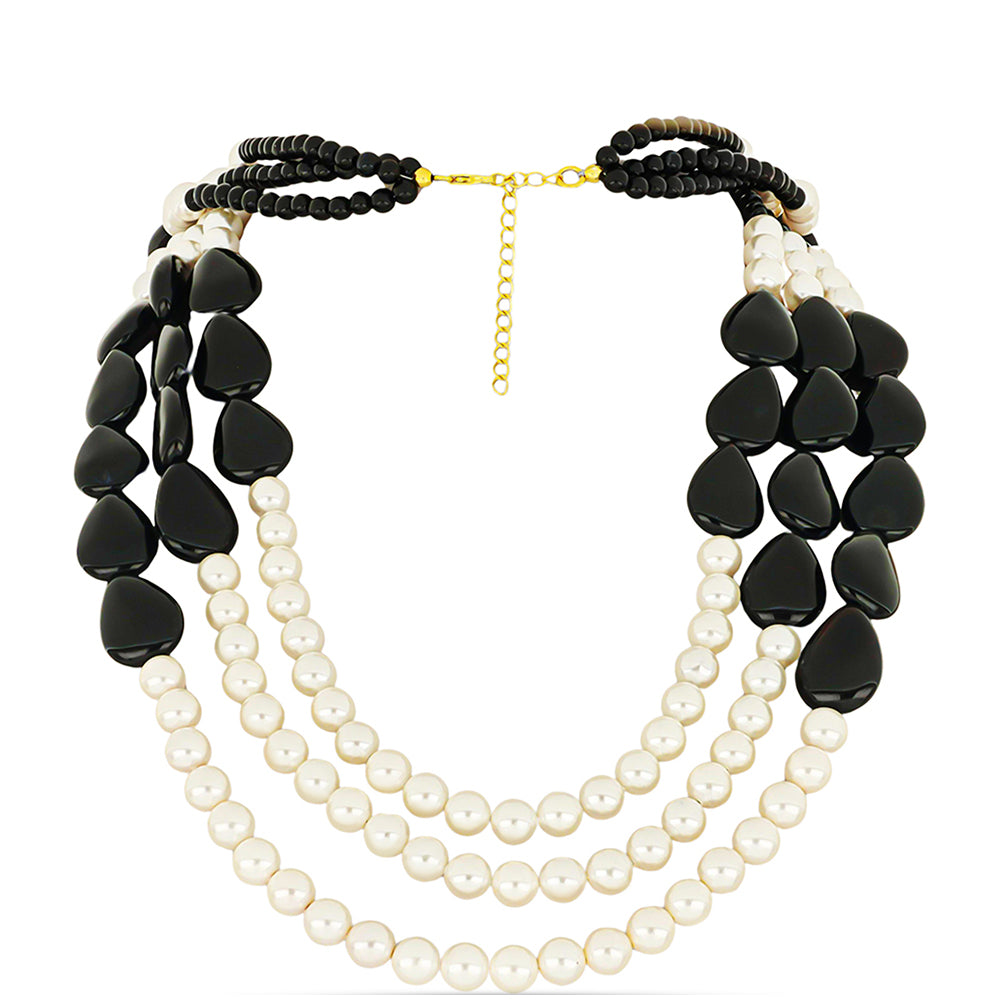 Naszyjnik srebrny pozłacany z czarnym onyksem i białą perłą słodkowodną