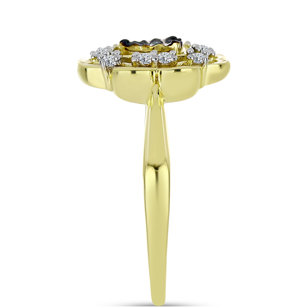 Pierścionek srebrny pozłacany z niebieskim diamentem i białym topazem