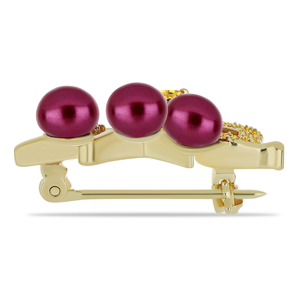 Broszka srebrny pozłacany z purpurowym perłą słodkowodną i cytrynem uralskim