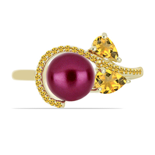 Pierścionek srebrny pozłacany z purpurowym perłą słodkowodną i cytrynem uralskim