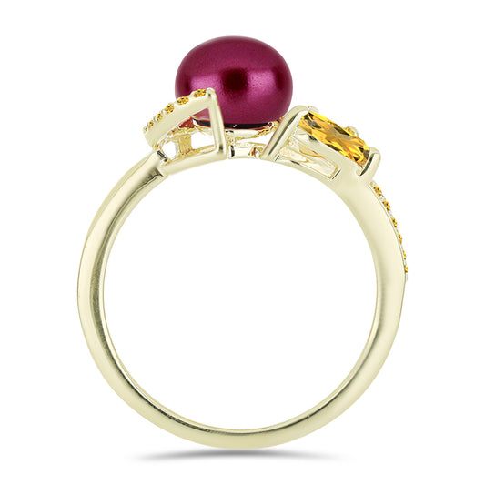 Pierścionek srebrny pozłacany z purpurowym perłą słodkowodną i cytrynem uralskim