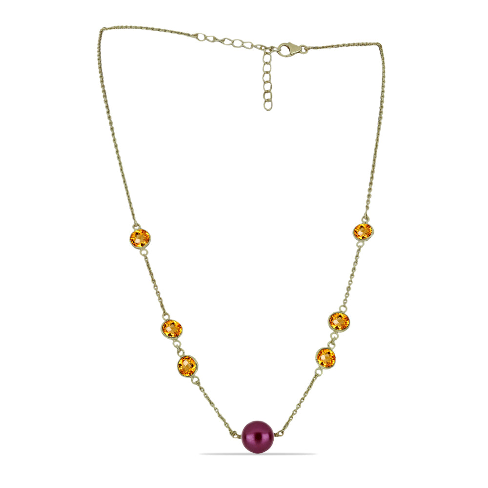 Naszyjnik srebrny pozłacany z purpurowym perłą słodkowodną i cytrynem uralskim