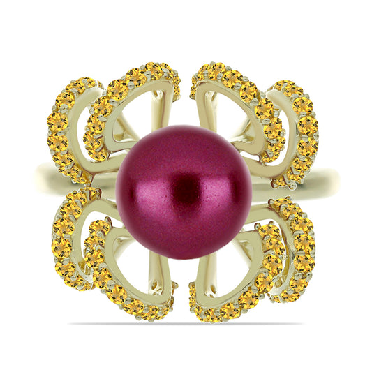 Pierścionek srebrny pozłacany z purpurowym perłą słodkowodną i cytrynem uralskim