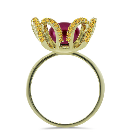 Pierścionek srebrny pozłacany z purpurowym perłą słodkowodną i cytrynem uralskim