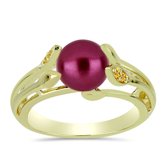 Pierścionek srebrny pozłacany z purpurowym perłą słodkowodną i cytrynem uralskim