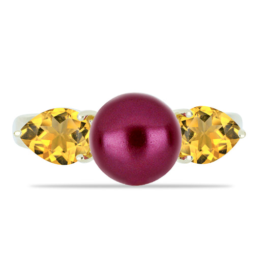 Pierścionek srebrny pozłacany z purpurowym perłą słodkowodną i cytrynem uralskim