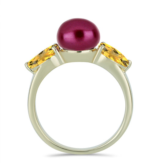 Pierścionek srebrny pozłacany z purpurowym perłą słodkowodną i cytrynem uralskim
