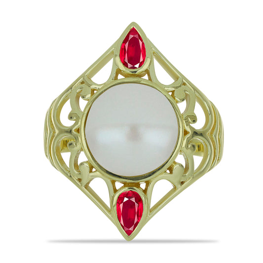 Pierścionek srebrny pozłacany z białą perłą słodkowodną i malgaskim rubinem