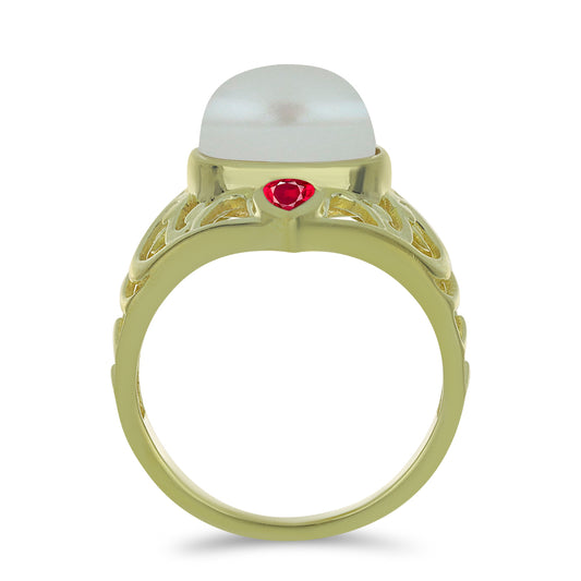Pierścionek srebrny pozłacany z białą perłą słodkowodną i malgaskim rubinem