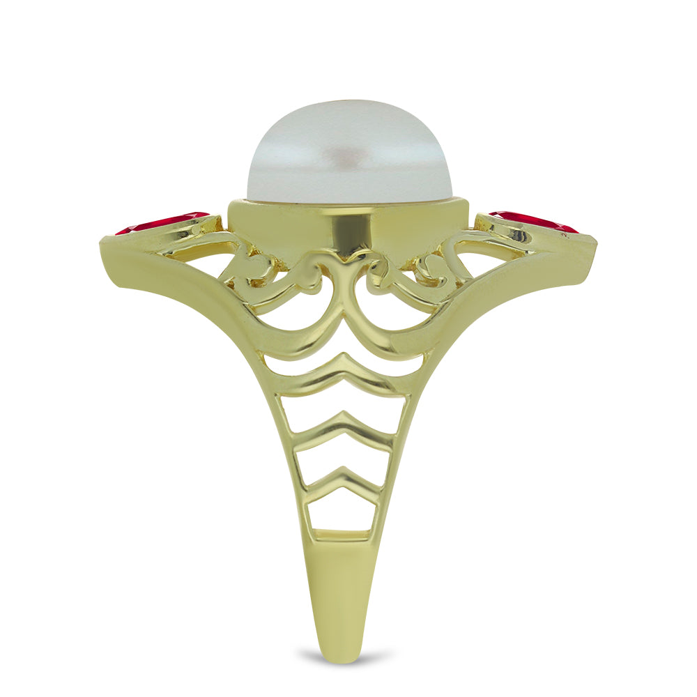 Pierścionek srebrny pozłacany z białą perłą słodkowodną i malgaskim rubinem