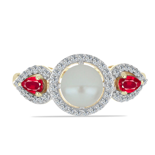 Pierścionek srebrny pozłacany z białą perłą słodkowodną i malgaskim rubinem