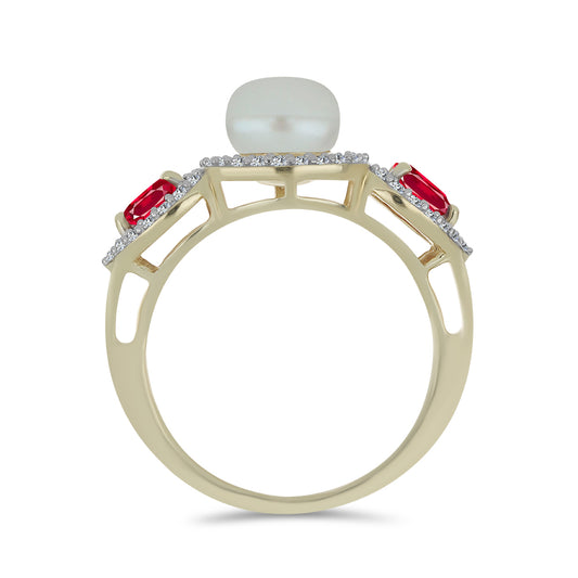 Pierścionek srebrny pozłacany z białą perłą słodkowodną i malgaskim rubinem