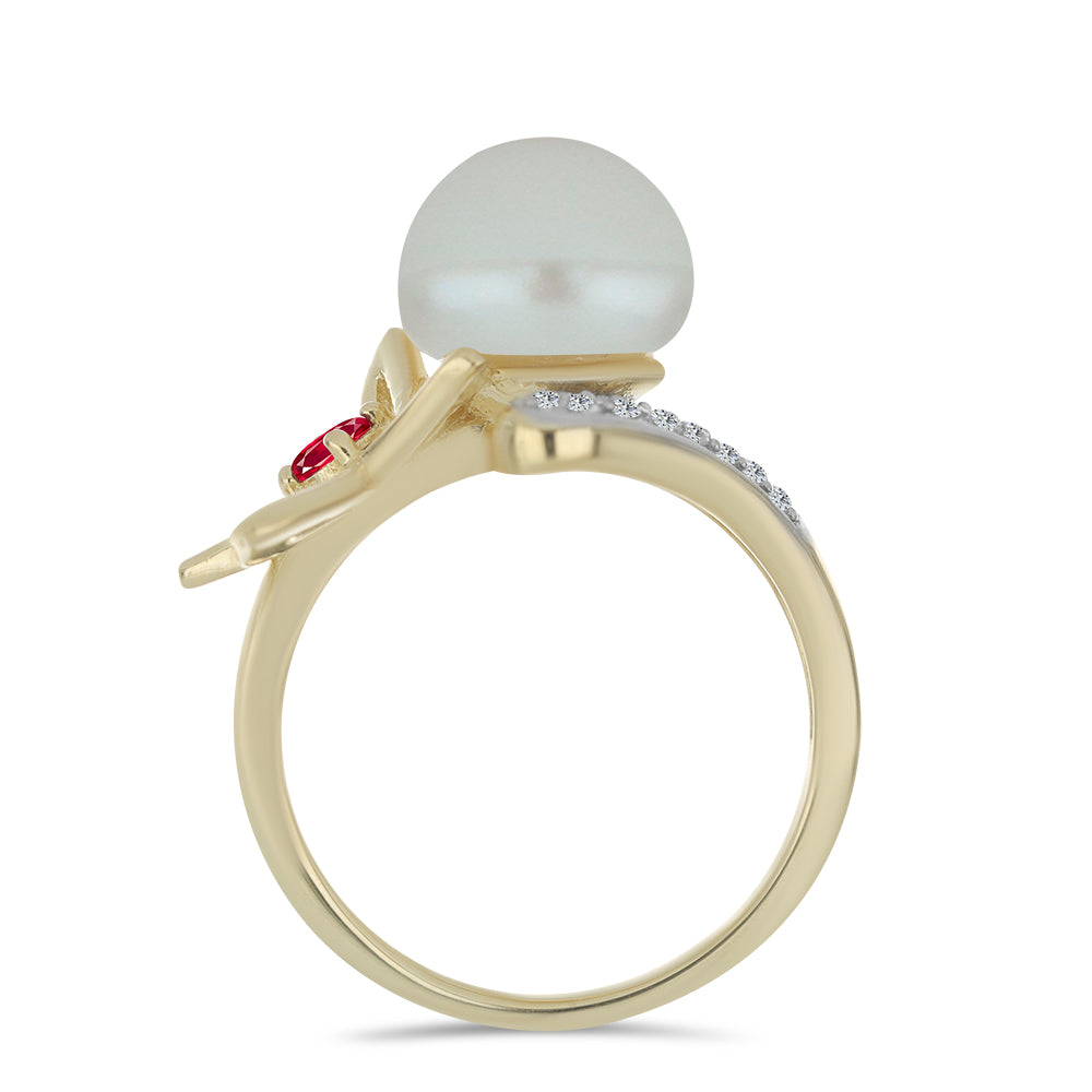 Pierścionek srebrny pozłacany z białą perłą słodkowodną i malgaskim rubinem 2