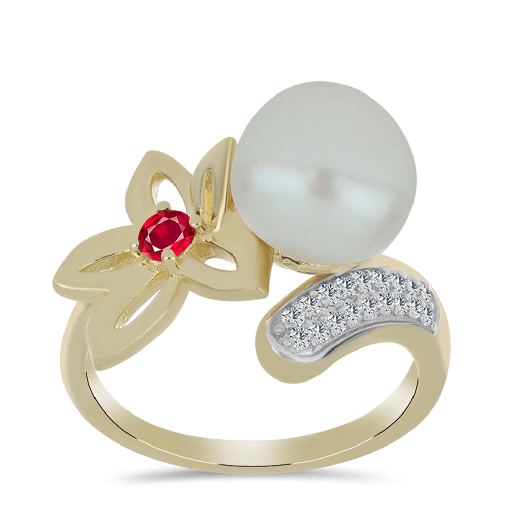 Pierścionek srebrny pozłacany z białą perłą słodkowodną i malgaskim rubinem 3