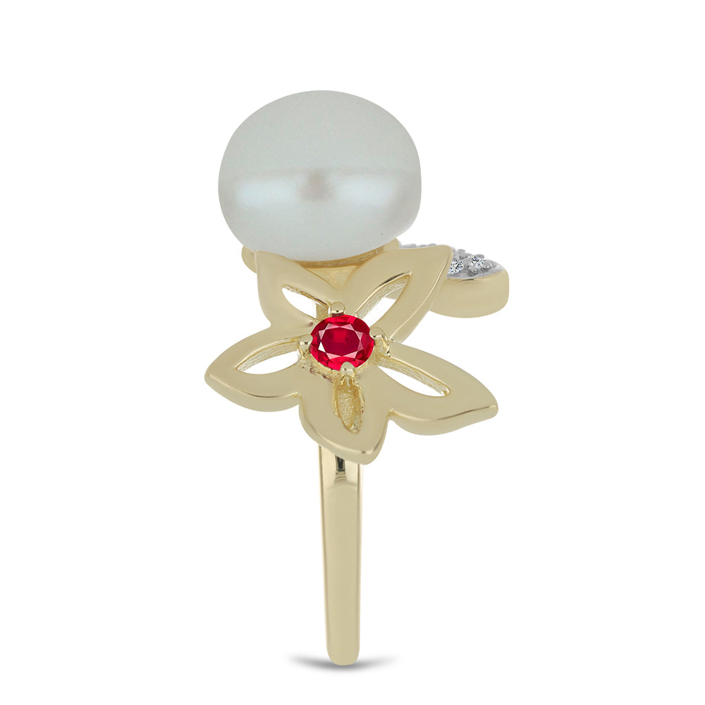 Pierścionek srebrny pozłacany z białą perłą słodkowodną i malgaskim rubinem 4