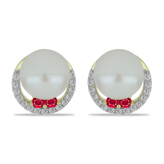 Kolczyki srebrne pozłacane z białą perłą słodkowodną i malgaskim rubinem