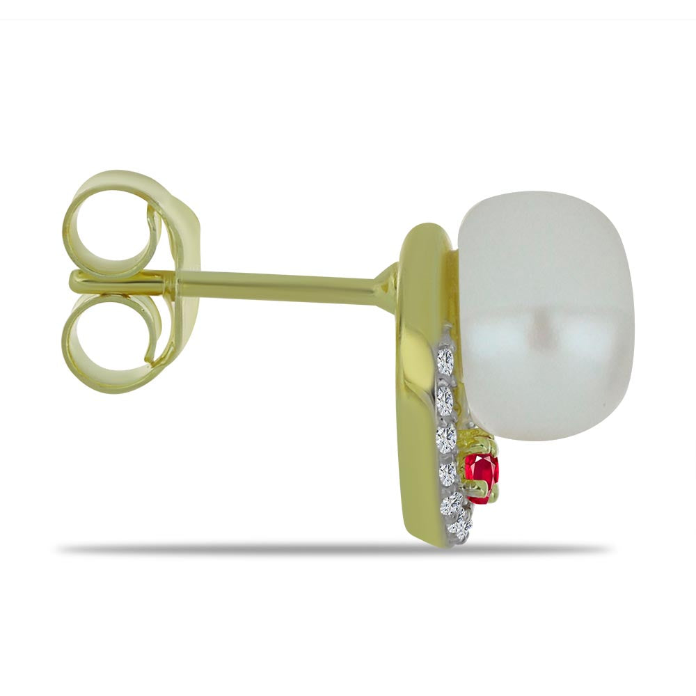 Kolczyki srebrne pozłacane z białą perłą słodkowodną i malgaskim rubinem