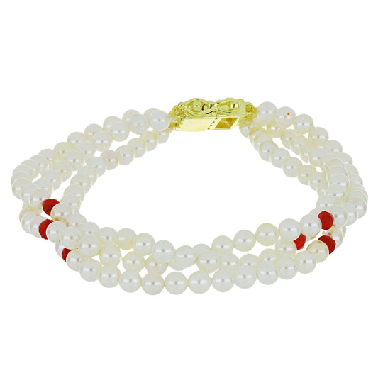 Bransoletka srebrna pozłacana z białą perłą słodkowodną i malgaskim rubinem