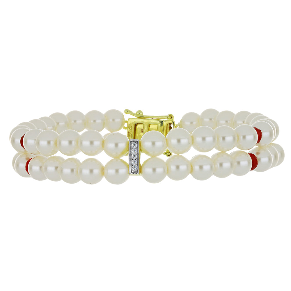 Bransoletka srebrna pozłacana z białą perłą słodkowodną i malgaskim rubinem