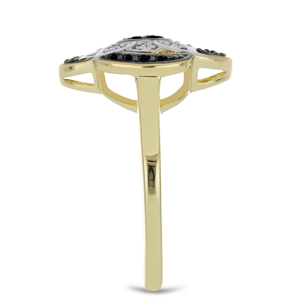 Pierścionek srebrny pozłacany z czarnym spinelem i białym topazem