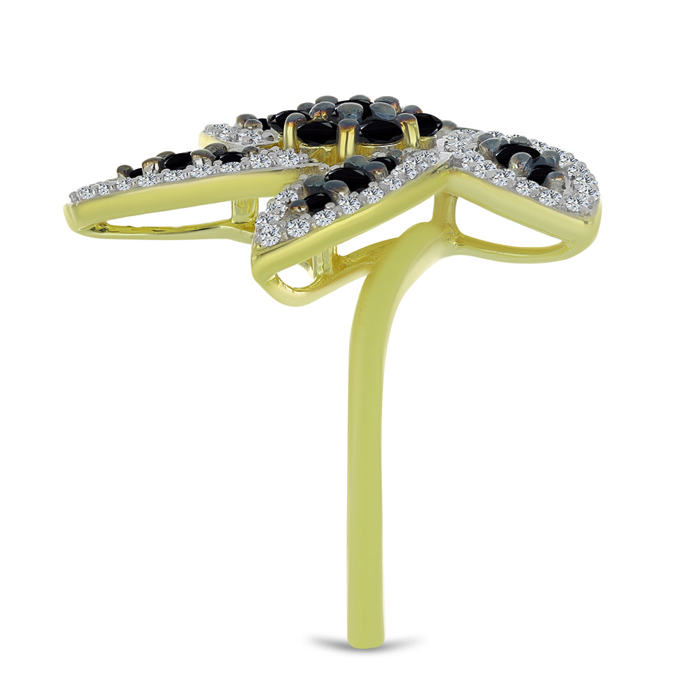 Pierścionek srebrny pozłacany z czarnym spinelem i białym topazem