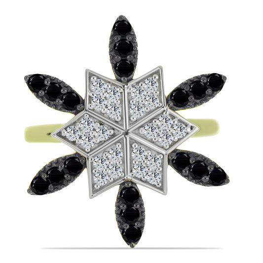 Pierścionek srebrny pozłacany z czarnym spinelem i białym topazem