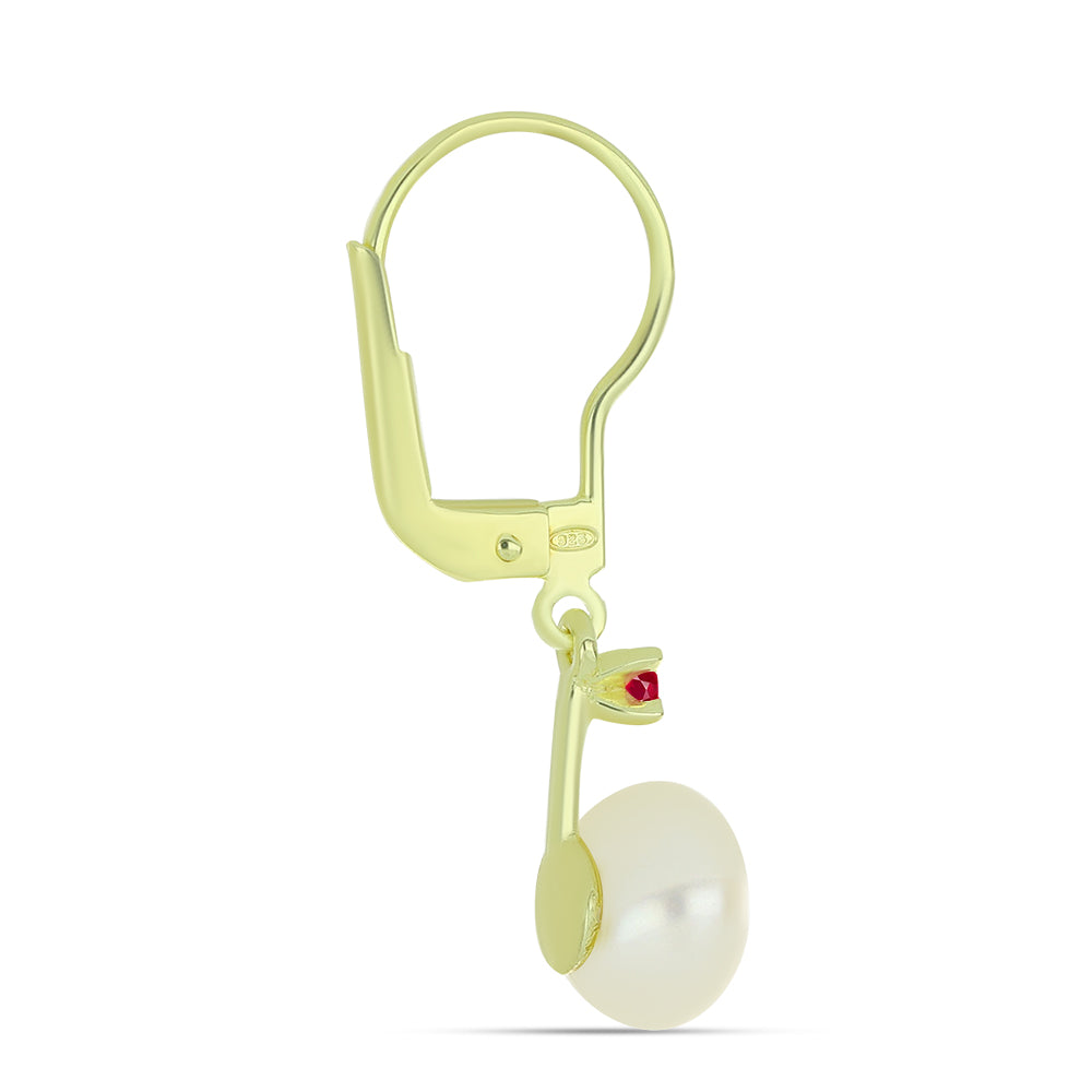 Kolczyki srebrne pozłacane z białą perłą słodkowodną i malgaskim rubinem