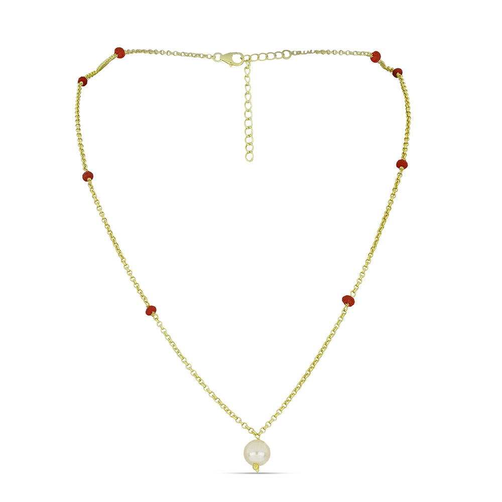 Naszyjnik srebrny pozłacany z białą perłą słodkowodną i malgaskim rubinem