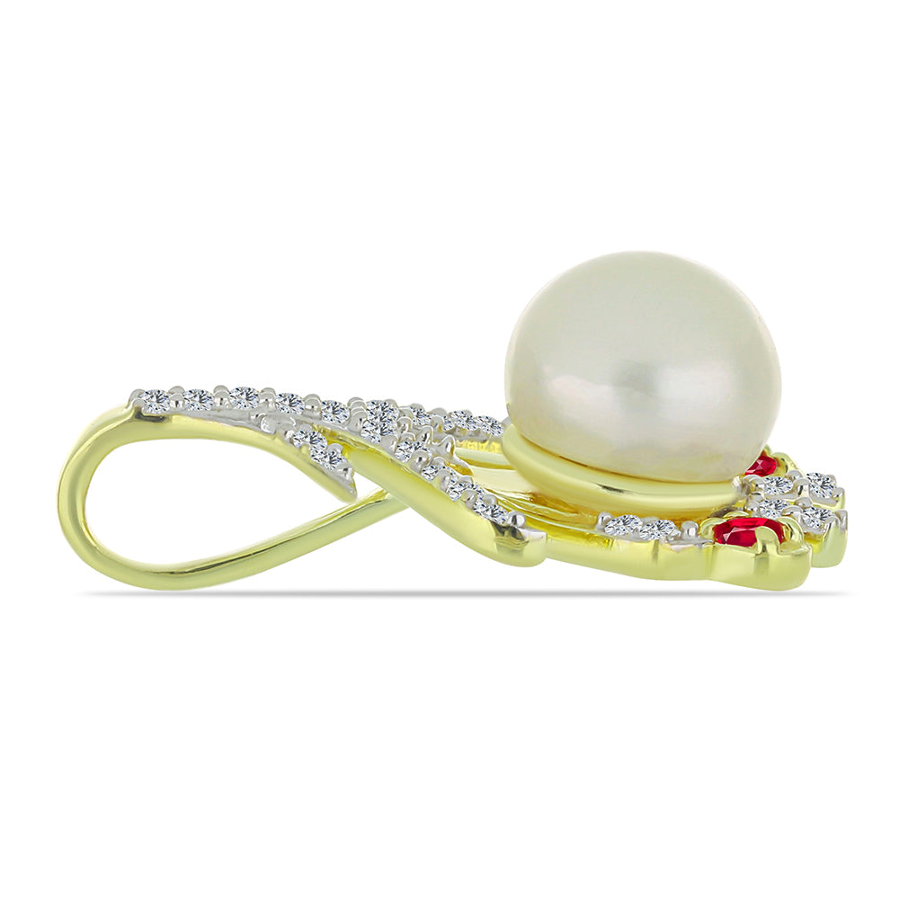 Zawieszka srebrna pozłacana z białą perłą słodkowodną i malgaskim rubinem