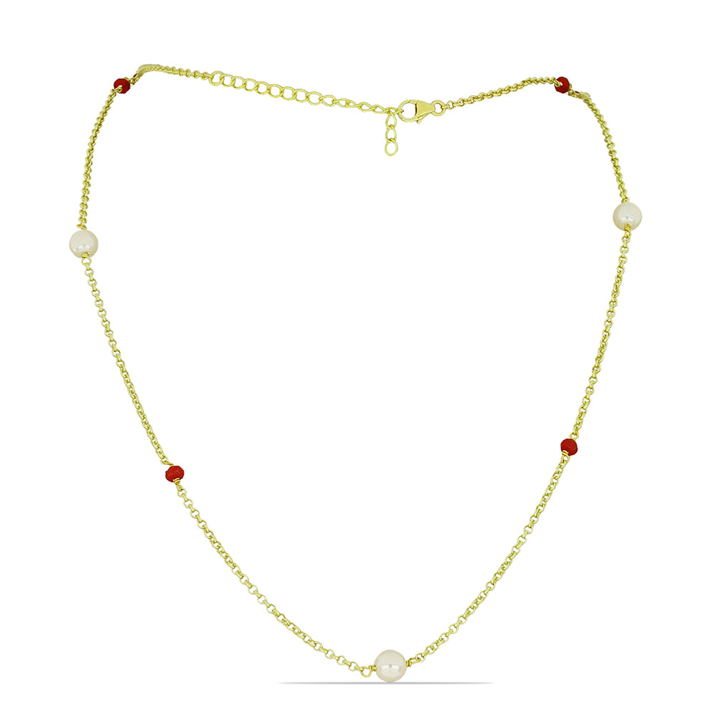 Naszyjnik srebrny pozłacany z białą perłą słodkowodną i malgaskim rubinem
