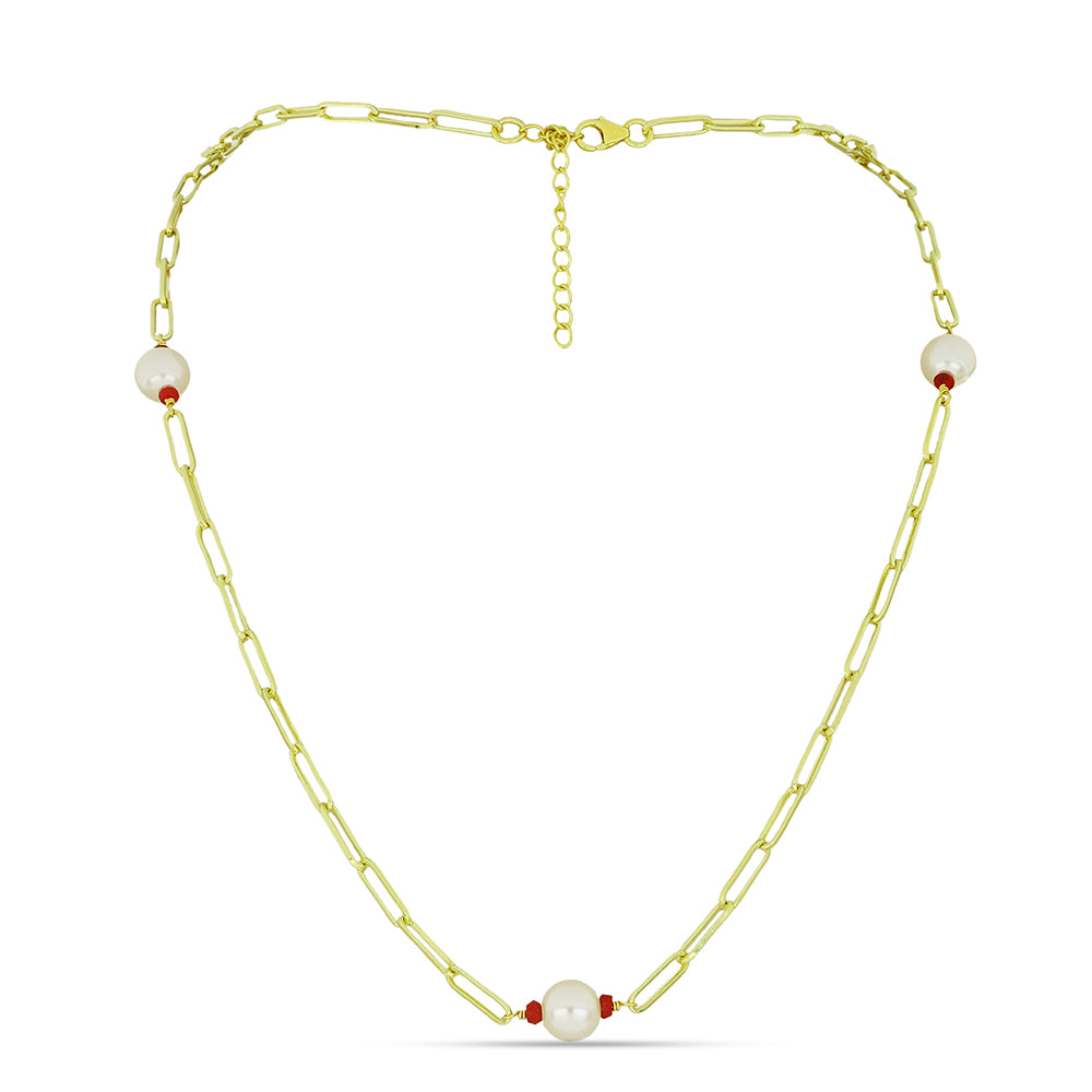 Naszyjnik srebrny pozłacany z białą perłą słodkowodną i malgaskim rubinem