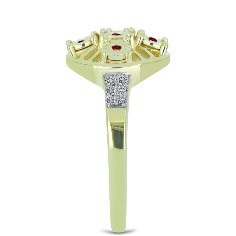 Pierścionek srebrny pozłacany z czerwonym diamentem i białym diamentem