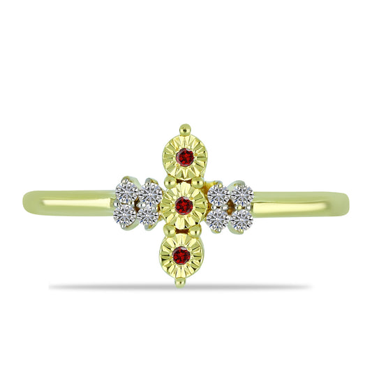 Pierścionek srebrny pozłacany z czerwonym diamentem i białym diamentem