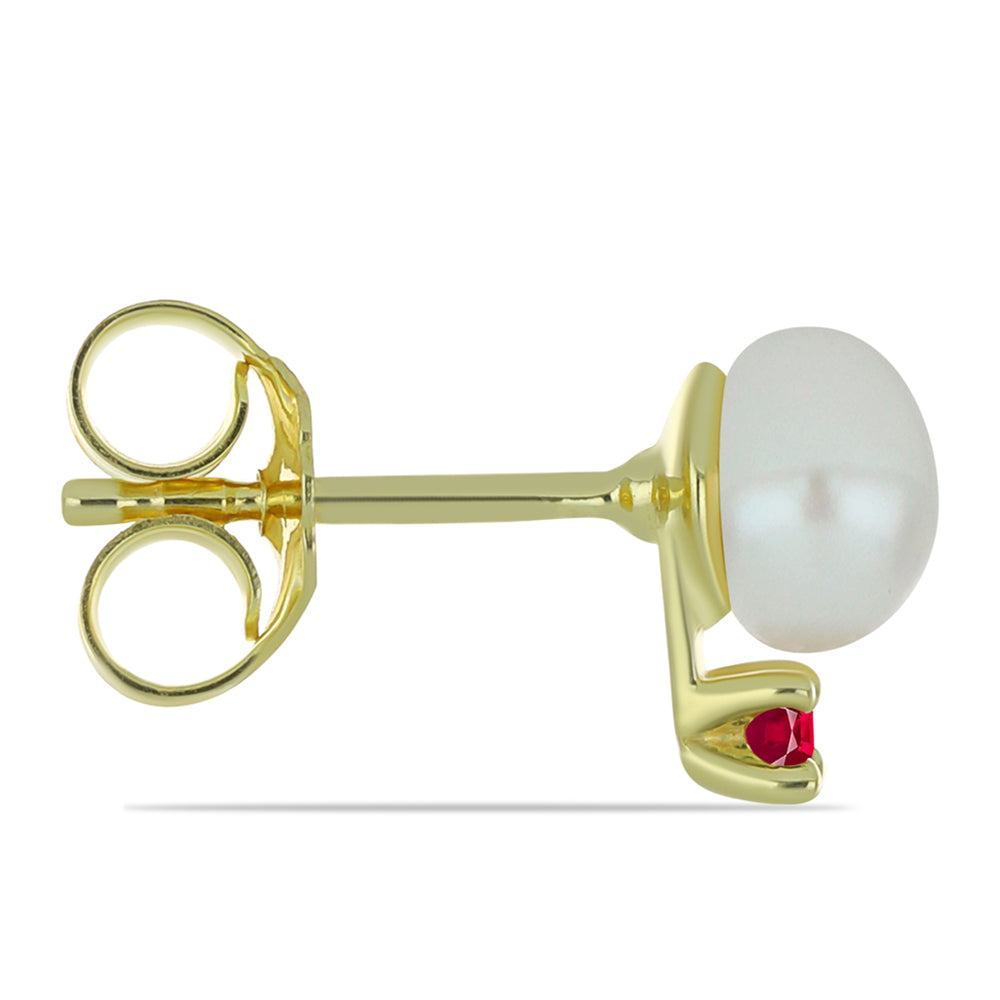 Zestaw srebrne pozłacane z białą perłą słodkowodną i malgaskim rubinem ( Naszyjnik+Kolczyki )