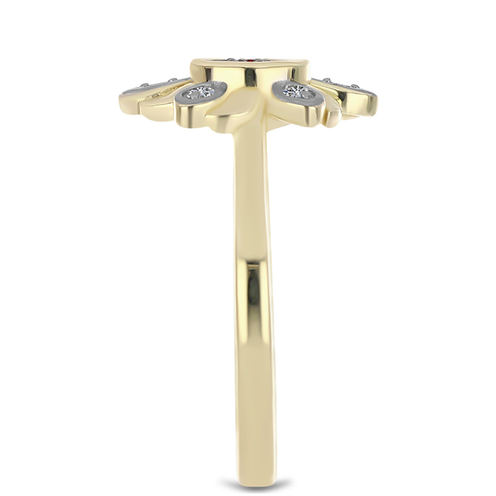 Pierścionek srebrny pozłacany z czerwonym diamentem i białym diamentem