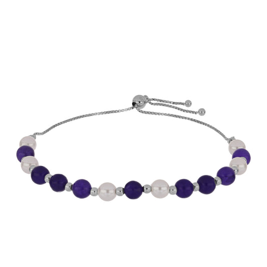 Bransoletka ze srebra próba 925 z purpurowym jadeitem i białą perłą słodkowodną