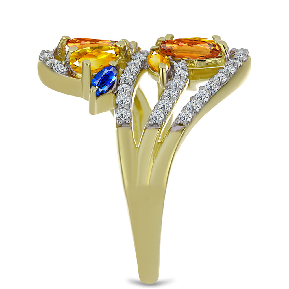 Pierścionek srebrny pozłacany z tęczowym szafirem i białym topazem