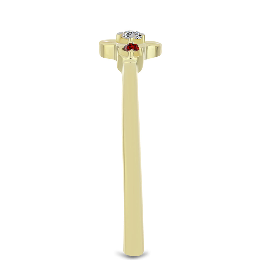 Pierścionek srebrny pozłacany z czerwonym diamentem i białym diamentem