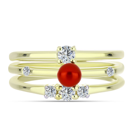 Zestaw srebrne pozłacane z czerwoną perłą słodkowodną i białym topazem ( Pierścionek )