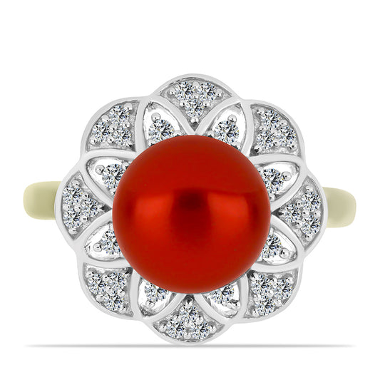 Pierścionek srebrny pozłacany z czerwoną perłą słodkowodną i białym topazem